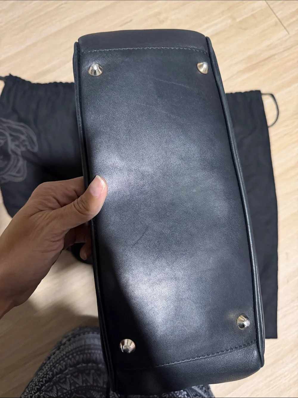 Versace Collection Black Leather Messenger Tote Bag